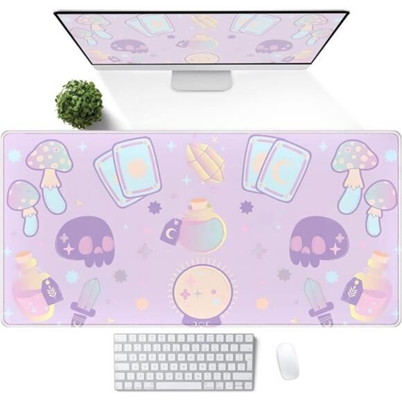 Purple Desk Mat,Cute Witchy Elements Mouse Pad, Desk Pad Mystical Goth,XXL Gamig